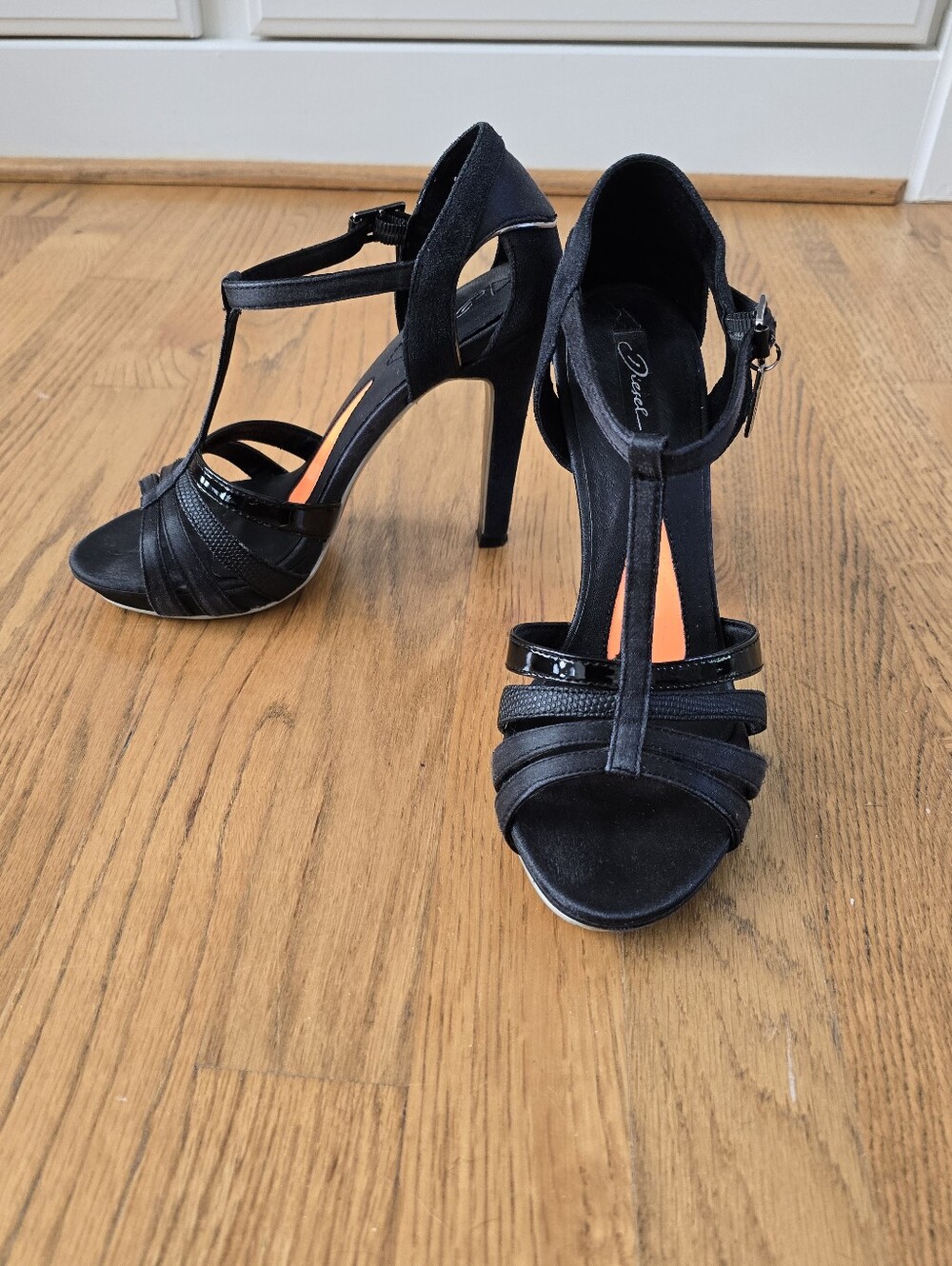 Diesel Black T-Strap Heel Sandals